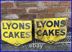 Two Lyon's Cake Enamel Double Sided Sign Vintage Advertising