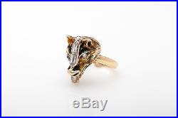 Unique Vintage Signed 1ct FANCY CUT Diamond Enamel 14k Gold WOLF DOG Ring