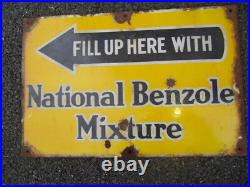VINTAGE 1930's NATIONAL BENZOLE MIXTURE Petrol Enamel Sign 18 x 12 Original