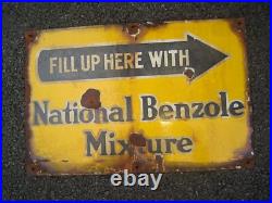 VINTAGE 1930's NATIONAL BENZOLE MIXTURE Petrol Enamel Sign 18 x 12 Original