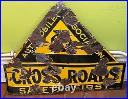 VINTAGE AA CROSS ROADS ENAMEL SIGN 1930's POOR CONDITION RARE