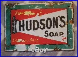 VINTAGE EARLY 1900s HUDSONS SOAP ENAMEL SIGN RARER GREEN BORDER 66x40.5cm