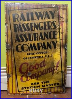 VINTAGE ENAMEL RAILWAY PASSENGERS ASSURANCE COMPANY SIGN 1920's / 30's