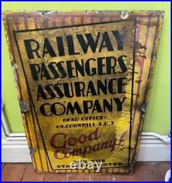VINTAGE ENAMEL RAILWAY PASSENGERS ASSURANCE COMPANY SIGN 1920's / 30's