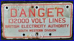 VINTAGE ENAMEL SIGN. Danger 132,000 Volt Line Sign. RED & WHITE SIGN. 24 x 12.5