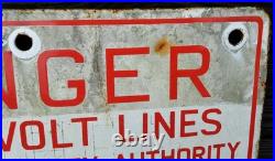 VINTAGE ENAMEL SIGN. Danger 132,000 Volt Line Sign. RED & WHITE SIGN. 24 x 12.5