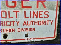 VINTAGE ENAMEL SIGN. Danger 132,000 Volt Line Sign. RED & WHITE SIGN. 24 x 12.5