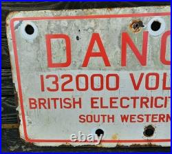VINTAGE ENAMEL SIGN. Danger 132,000 Volt Line Sign. RED & WHITE SIGN. 24 x 12.5