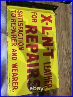 VINTAGE ORIGINAL XLNT LEATHER ENAMEL SIGN 15 x 9. DOUBLE SIDED 1933 VERY CLEAN