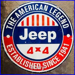 VINTAGE PORCELAIN ENAMEL THE AMERICAN LEGEND JEEP 42 x 42 INCH DOUBLE SIDED SIGN