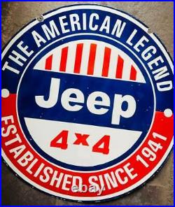 VINTAGE PORCELAIN ENAMEL THE AMERICAN LEGEND JEEP 42 x 42 INCH DOUBLE SIDED SIGN