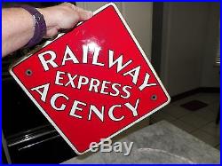 VINTAGE RED PORCELAIN ENAMEL RAILWAY EXPRESS AGENCY DIAMOND SHAPE SIGN 12 x 12