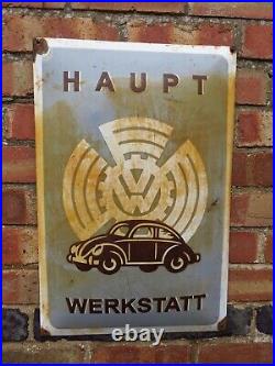 VINTAGE VW DEALER HAUPT WERKSTATT HEAVY ENAMEL SIGN. Good Quality Nice Condition