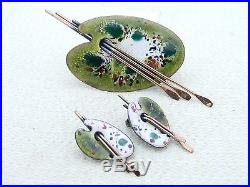 VTG MATISSE RENOIR Signed PALETTE Design Green Enamel Copper Brooch Earrings Set