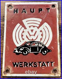 VW Volkswagen German Beetle Enamel Sign Early Haupt Werkstatt Vintage