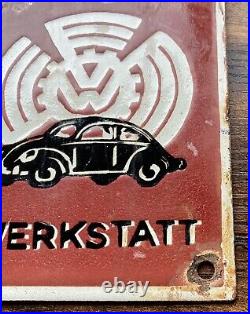 VW Volkswagen German Beetle Enamel Sign Early Haupt Werkstatt Vintage