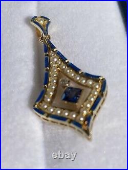 Vintage 14k yellow gold SIGNED Krementz blue enamel sapphire and pearl pendant