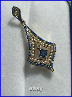 Vintage 14k yellow gold SIGNED Krementz blue enamel sapphire and pearl pendant