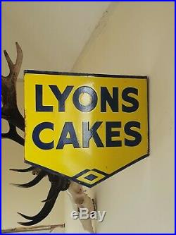 Vintage 1940 Lyons Cake's Enamel metal Sign Double side with fixing lip clean