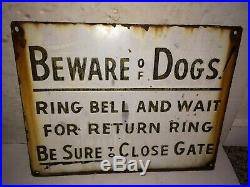Vintage 40's/50's Beware Of Dogs, Ring Bell And Wait Porcelain Enamel Sign