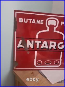 Vintage 50s French Double Sided Antargaz Enamel Sign Exellent Display Addition