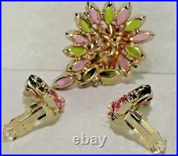 Vintage Alice Caviness Signed Pink Rhinestone Enamel Brooch Earrings