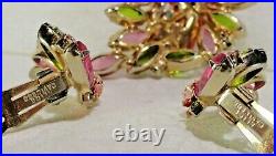 Vintage Alice Caviness Signed Pink Rhinestone Enamel Brooch Earrings