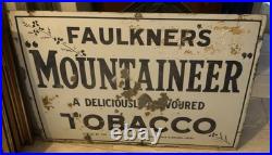 Vintage Antique Enamel Sign FAULKNERS MOUNTAINEER TOBACCO Shop Sign 20in x 30in