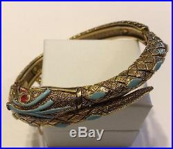 Vintage Art Signed Turquoise Enameled & Rhinetone Hinged Snake Bracelet