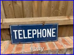 Vintage Blue Enamel Telephone Sign 22 x 9 Lacquered VGC