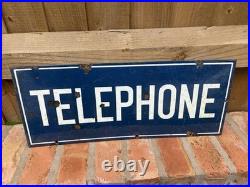 Vintage Blue Enamel Telephone Sign 22 x 9 Lacquered VGC