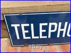 Vintage Blue Enamel Telephone Sign 22 x 9 Lacquered VGC