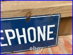 Vintage Blue Enamel Telephone Sign 22 x 9 Lacquered VGC