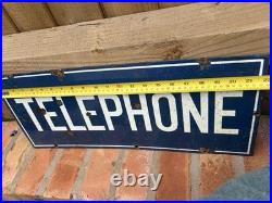 Vintage Blue Enamel Telephone Sign 22 x 9 Lacquered VGC