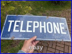 Vintage Blue Enamel Telephone Sign 22 x 9 Lacquered VGC