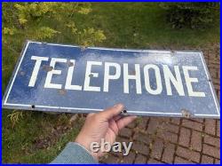 Vintage Blue Enamel Telephone Sign 22 x 9 Lacquered VGC