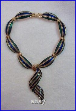 Vintage Boucher Blue Green Pendant Necklace Enamel Signed Statement -Superb