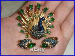 Vintage Boucher Signed Set Blue Green Enamel Peacock Brooch Pin & Earrings