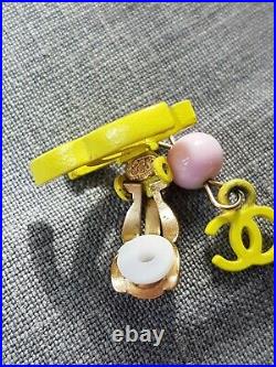 Vintage Chanel Summer Yellow Enamel Dangle CC Earrings Signed