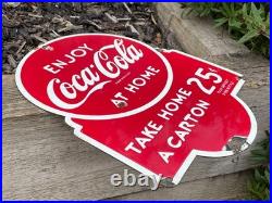 Vintage Coca-Cola Enamel Advertising Sign Raised Lettering Mancave Wall Display