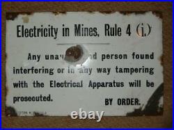Vintage Colliery Electricity In Mines Rule 4 Original Enamel Sign