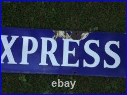 Vintage Daily Express Sold Here blue & white enamel advertising sign 40'' by 6'