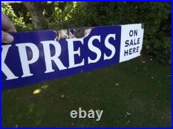 Vintage Daily Express Sold Here blue & white enamel advertising sign 40'' by 6'