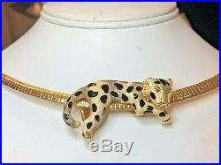 Vintage Designer Signed Kenneth Jay Lane Omega Necklace Sliding Pendant Leopard