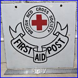 Vintage Double Sided Enamel Sign Red Cross First Aid 38 X35cm