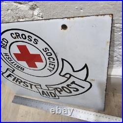 Vintage Double Sided Enamel Sign Red Cross First Aid 38 X35cm
