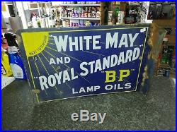 Vintage Double Sided Enamel Sign White May & Royal Standard Bp Lamp Oils