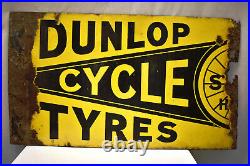 Vintage Dunlop Cycle Tire Tyres Sign Board Porcelain Enamel Double Sided Flange