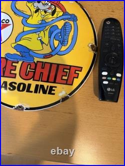 Vintage ENAMEL SIGN, Texaco Fire Chief Gasoline, marked 1954