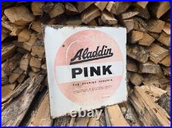Vintage Enamel Advertising Sign Aladdin Pink Parrafin Double Sided Vintage Enamel Advertising Sign Aladdin Pink Parrafin Double Sided